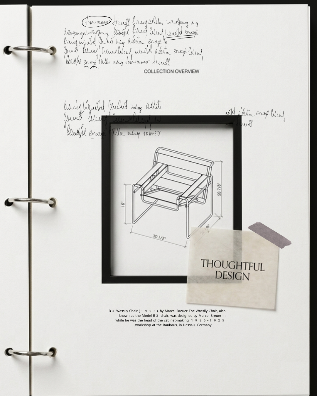 Page showing a sketch and specifications of the Wassily Chair designed by Marcel Breuer, with a note reading 'Thoughtful Design' taped to it.