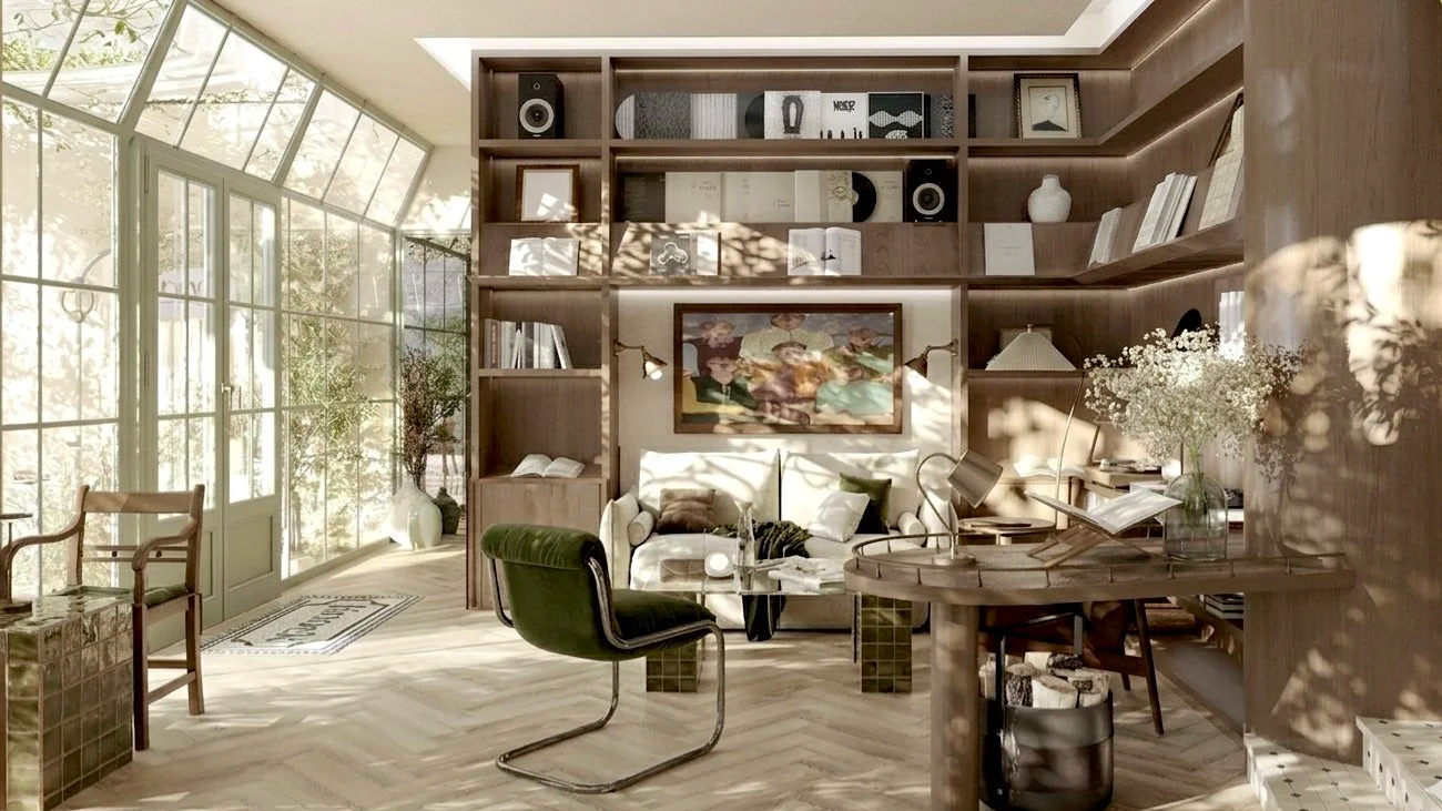 Living room with large glass window wall, wooden bookshelves, and a mix of modern and vintage furniture, including a green armchair, a white sofa, and a glass coffee table with a lamp and decorative items.
