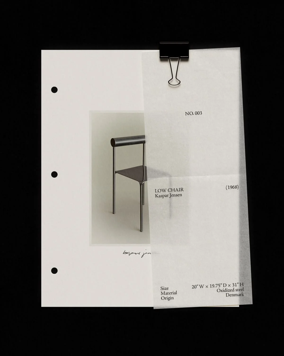 Photograph of a printed sheet with details about a low chair design by Kaspar Jensen, including dimensions, material, and origin.
