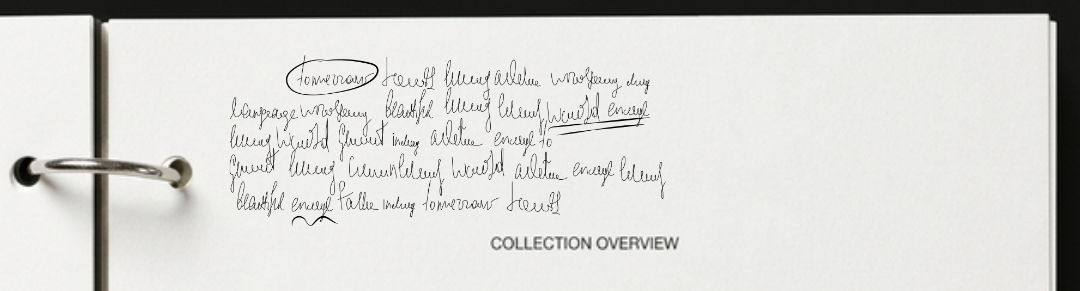 A handwritten note on a white notebook page with the words 'Collection Overview' printed at the bottom, in a binder with a metal ring binding.