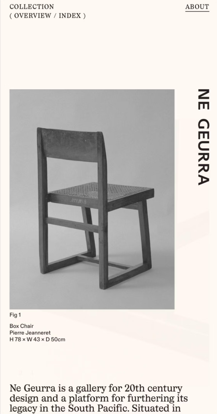 Black and white photograph of a wooden chair with a woven seat, labeled as 'Box Chair' by Pierre Jeanneret, measuring 78 cm high, 43 cm wide, and 50 cm deep, part of an exhibition at Ne Guerrra gallery.