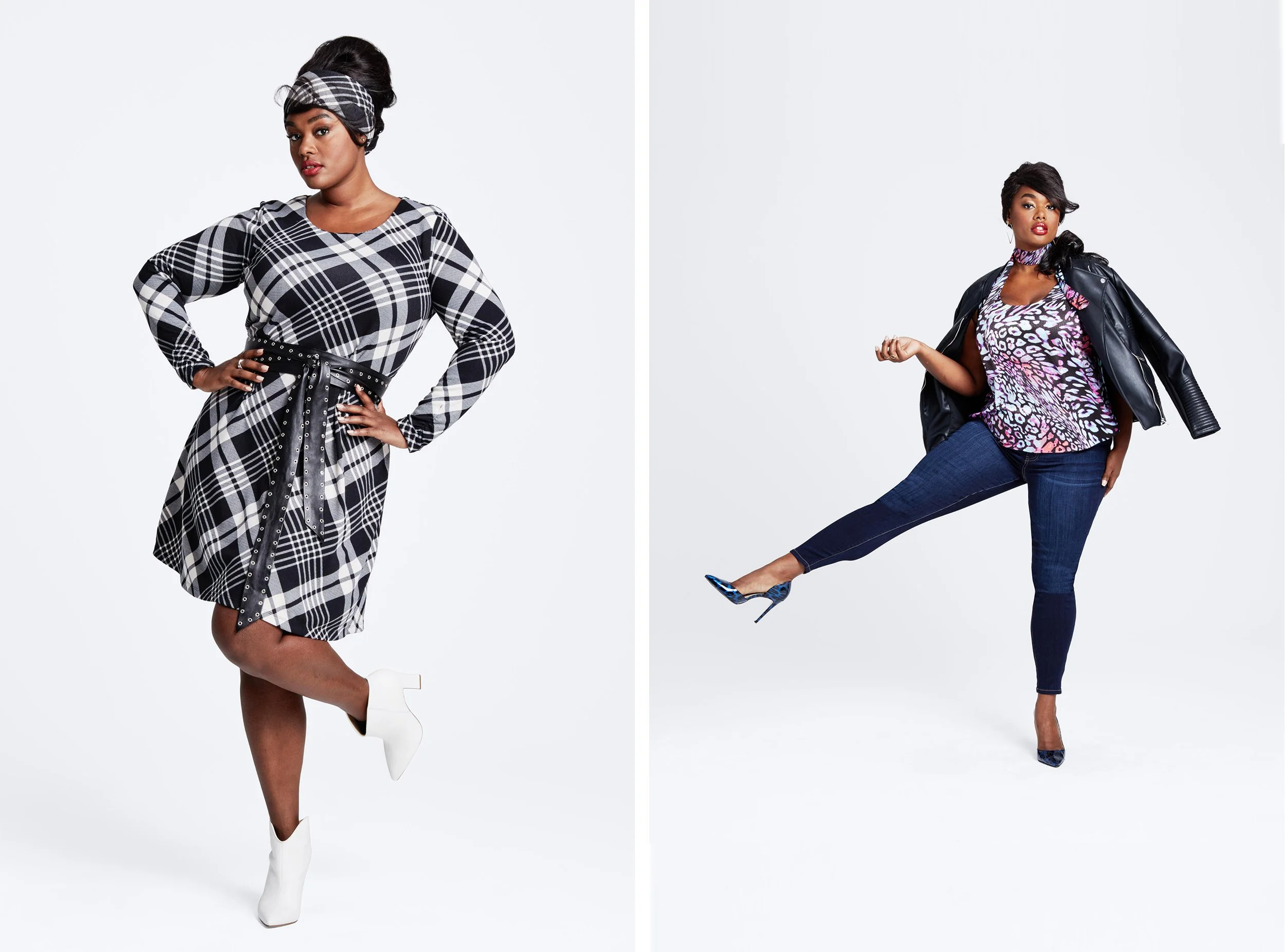 Two women posing against a white background. The woman on the left is wearing a plaid dress, a headscarf, white high-heeled boots, and has her hand on her hip. The woman on the right is wearing a patterned top, a leather jacket over her shoulders, jeans, and high heels, striking a pose with one leg extended and her hand positioned near her face.