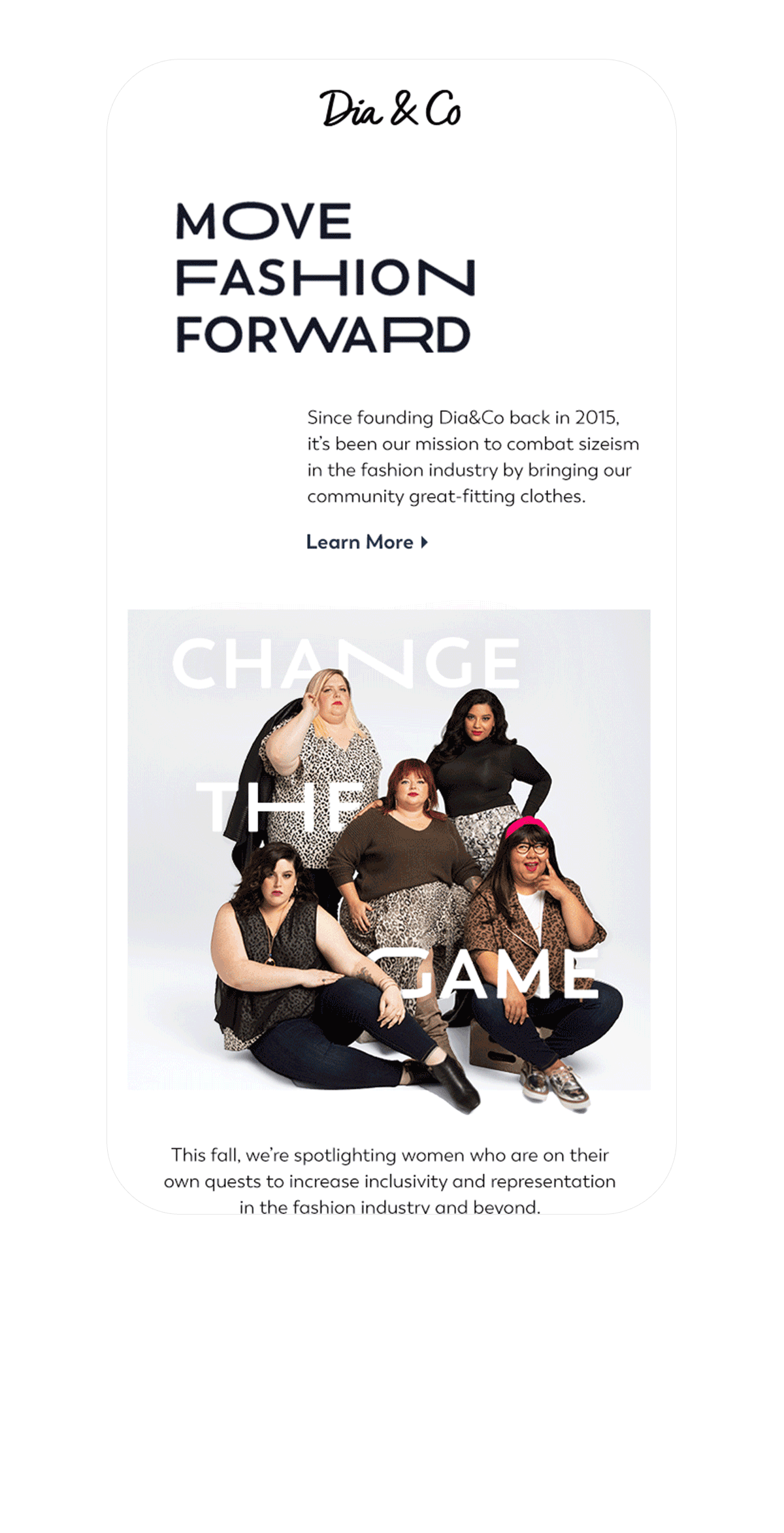A promotional poster for Dia & Co features five women of diverse body types and ethnicities, dressed in stylish clothing, posed confidently against a light background with the words 'CHANGE THE GAME' overlayed in large white letters.