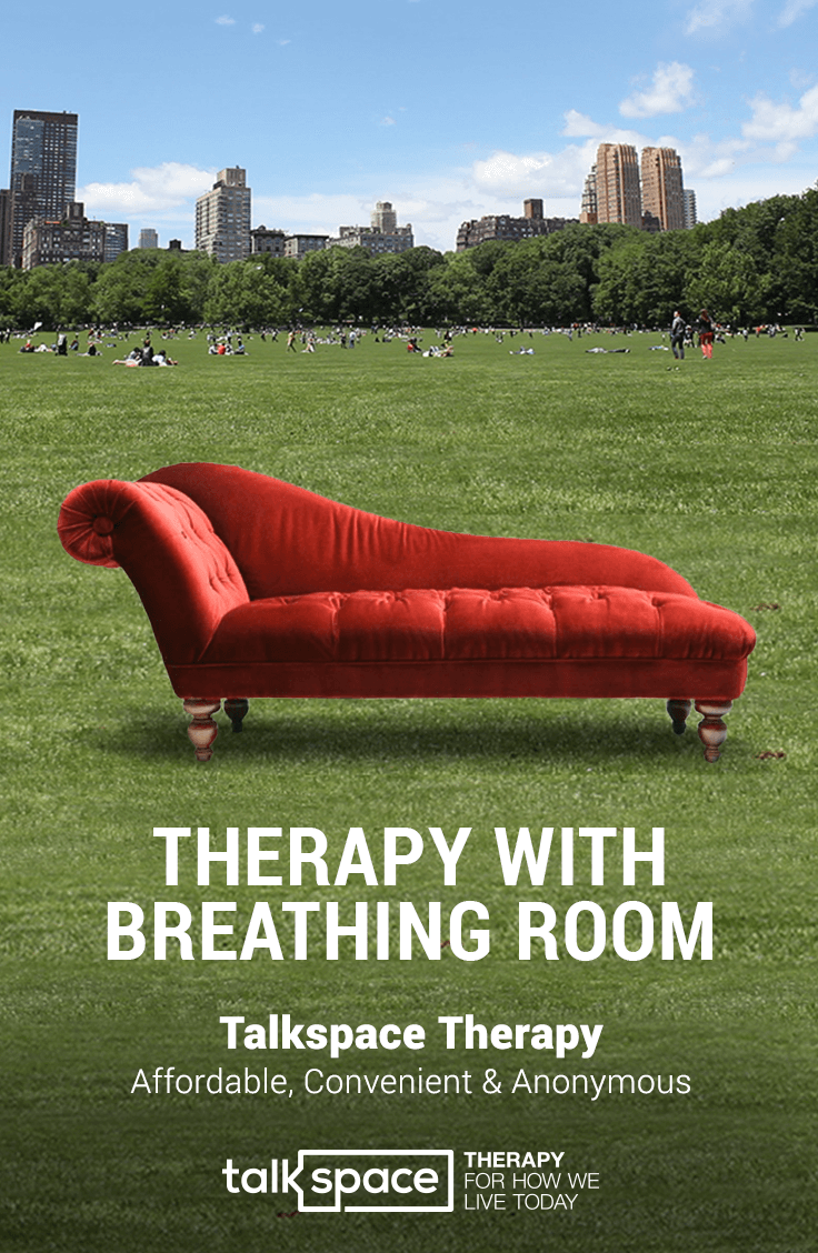 A red chaise lounge on a grassy field with a city skyline and skyline on a sunny day in the background. Text promoting therapy with Breathing Room and Talkspace Therapy is overlaid.