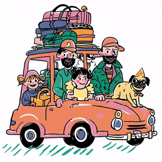 Family of four on a pink car with luggage on top, dogs, and all wearing hats and sunglasses.