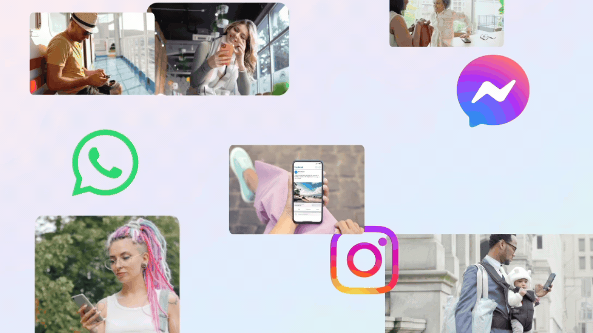 A collage of people using smartphones and social media apps, including WhatsApp, Facebook Messenger, Instagram, and Facebook, with various individuals in outdoor and indoor settings.
