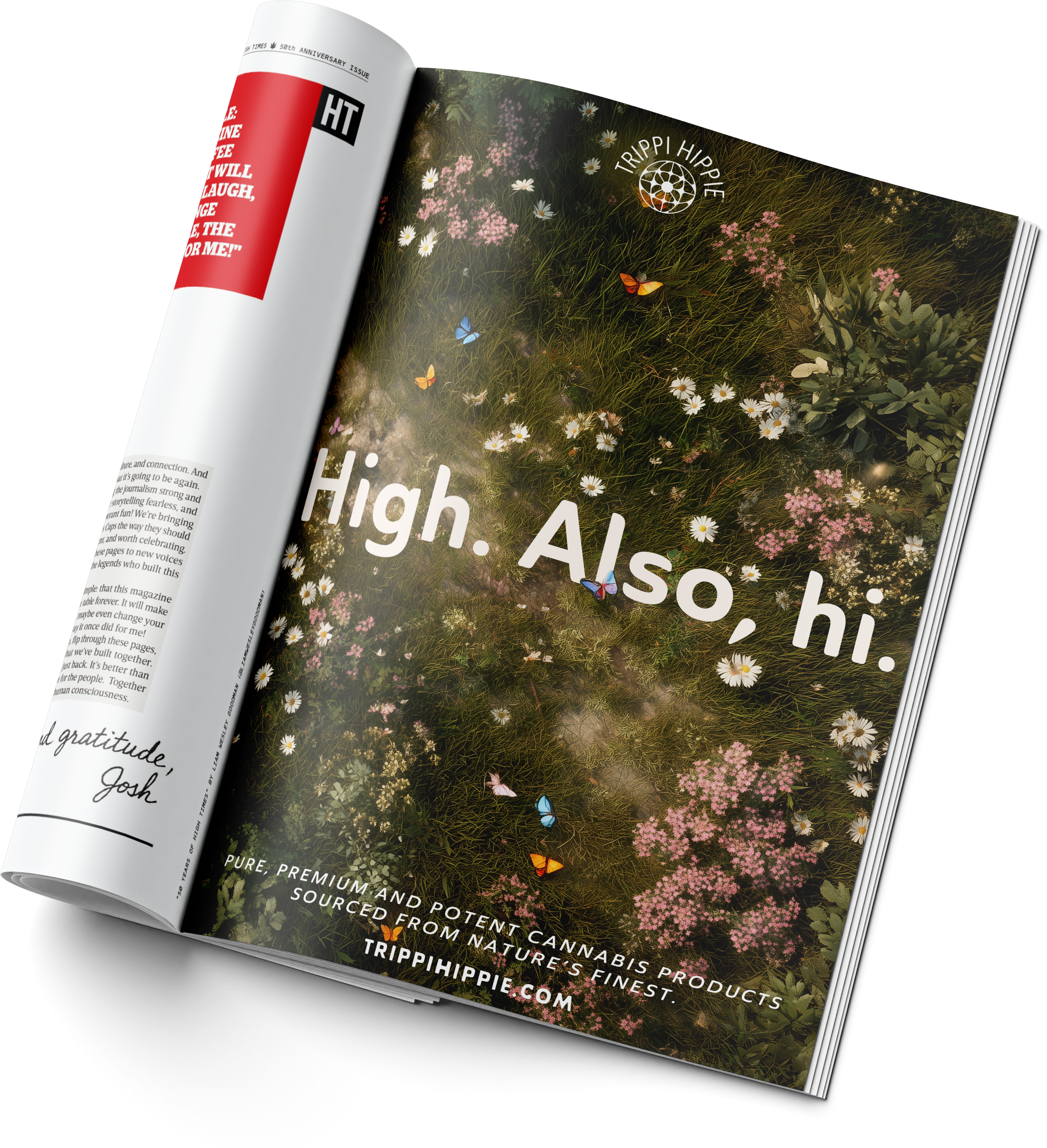 Open magazine showing a nature-themed page with flowers and butterflies and the title 'High. Al...'. The visible part of the magazine's cover and a red text block on the left are partly visible.