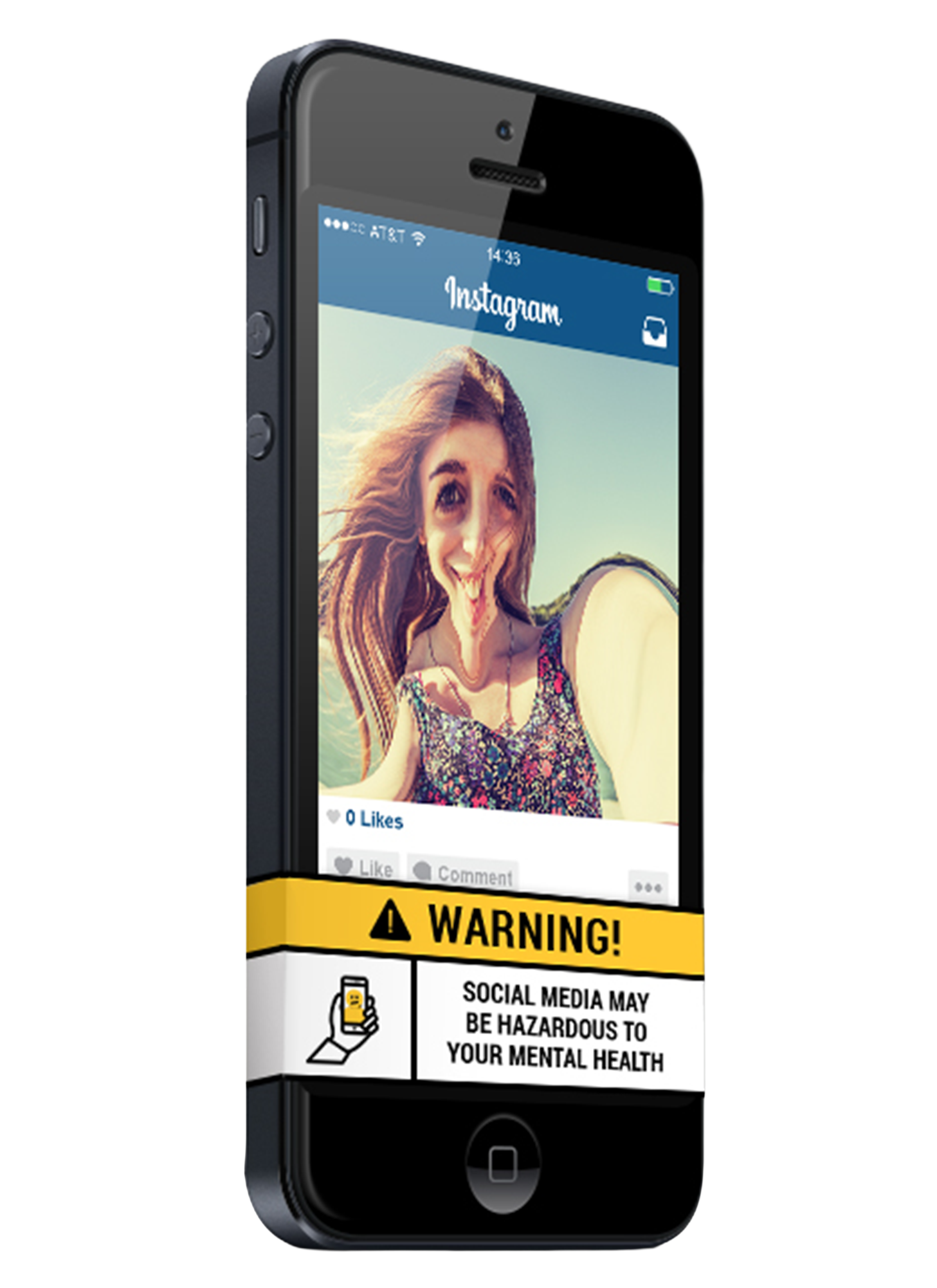 A smartphone displaying an Instagram photo of a smiling woman with long hair, wearing a floral top outdoors. The phone has a warning sticker at the bottom indicating that social media may be hazardous to mental health.