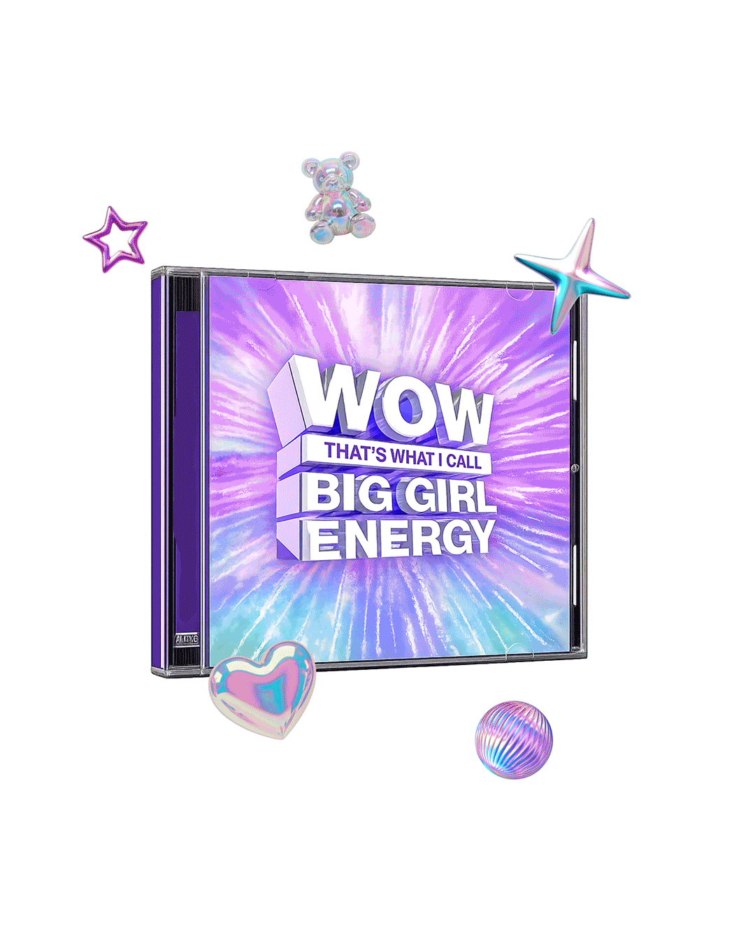 A CD case with a purple and blue background and the text "WOW THAT'S WHAT I CALL BIG GIRL ENERGY" surrounded by colorful, playful 3D emojis, including a teddy bear, a heart, a star, and a sphere.