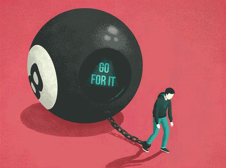 Illustration of a man walking with a large black ball and chain attached to his ankle, with the ball displaying the words "Go For It" in teal text.