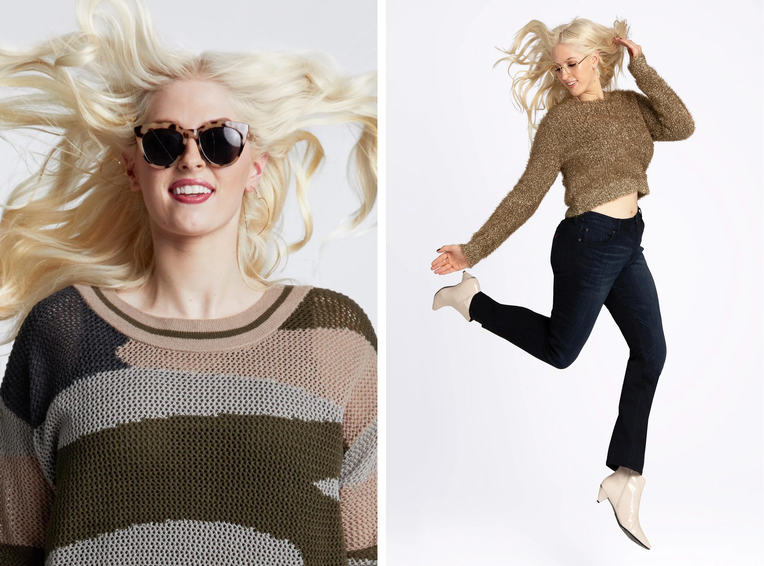 Split image of a woman with long blonde hair, wearing sunglasses and a color-blocked knit sweater on the left and a woman with long blonde hair, glasses, a gold sparkly sweater, dark jeans, and beige high-heeled boots mid-jump on the right.