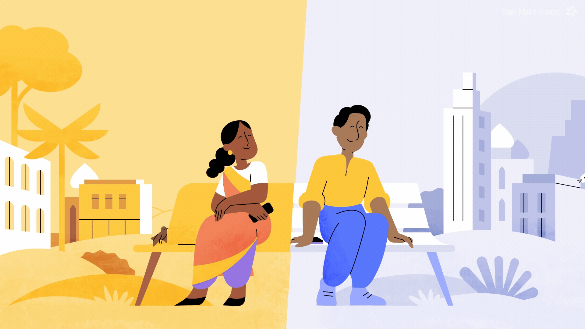 Illustration split into two halves: the left half depicts a woman in traditional Indian attire sitting on a bench, holding a phone, with a small dog nearby and a yellow background with a tree and buildings; the right half shows a man in modern casual clothing sitting on a bench against a background of blue-toned city buildings and sky.