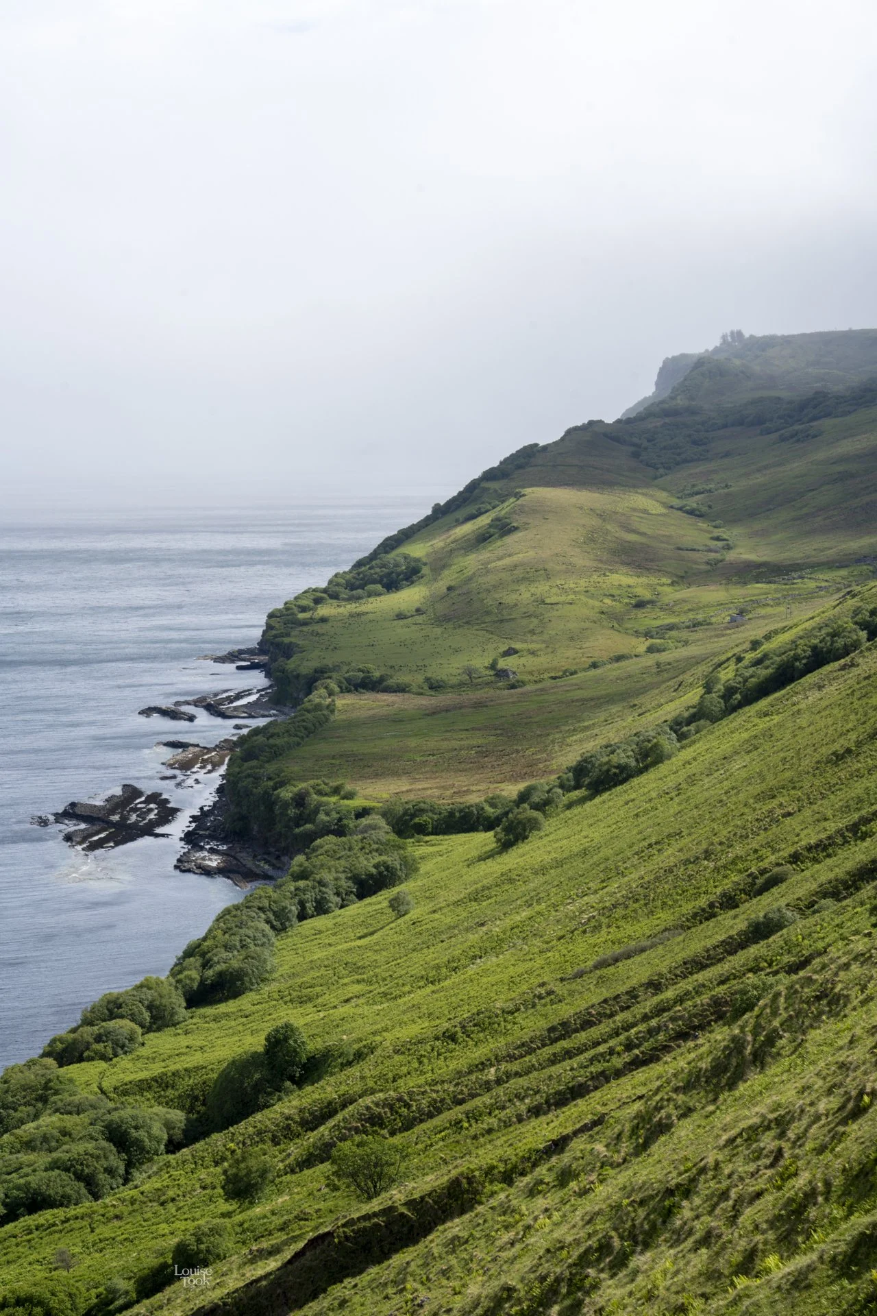 The misty northern coastline of the Isle of Skye in the Scottish Hebrides emerges from mist on an atmospheric day. The land is a luscious shade of green and the sea merges into the magical mist.