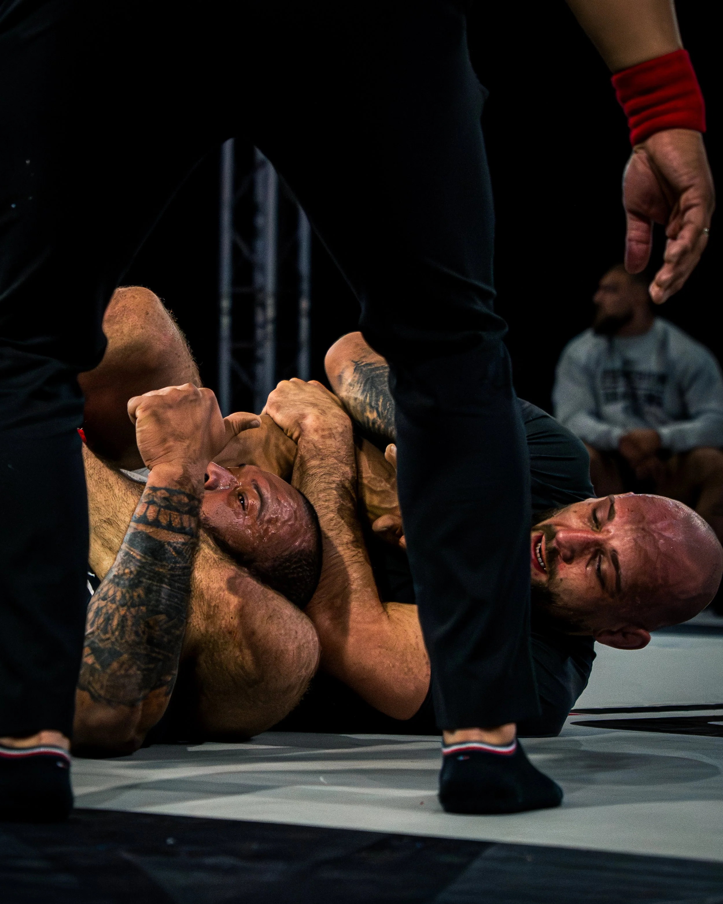 Two muscular men grappling in a mixed martial arts match, with spectators watching in the background.