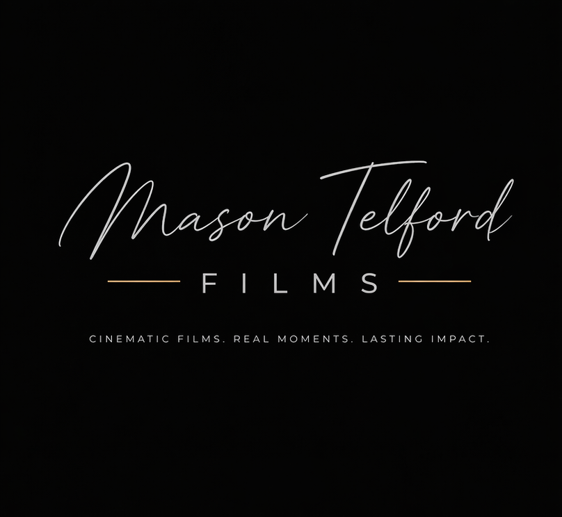 Mason Telford Films logo with tagline 'Cinematic films. Real moments. Lasting impact.' on a black background.