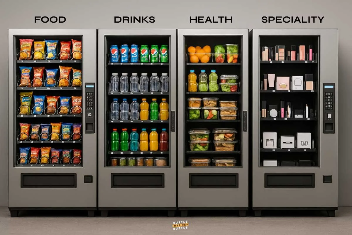 Vending machines labeled Food, Drinks, Health, and Specialty, filled with snacks, beverages, fruits, vegetables, containers with food, and various health and beauty products.