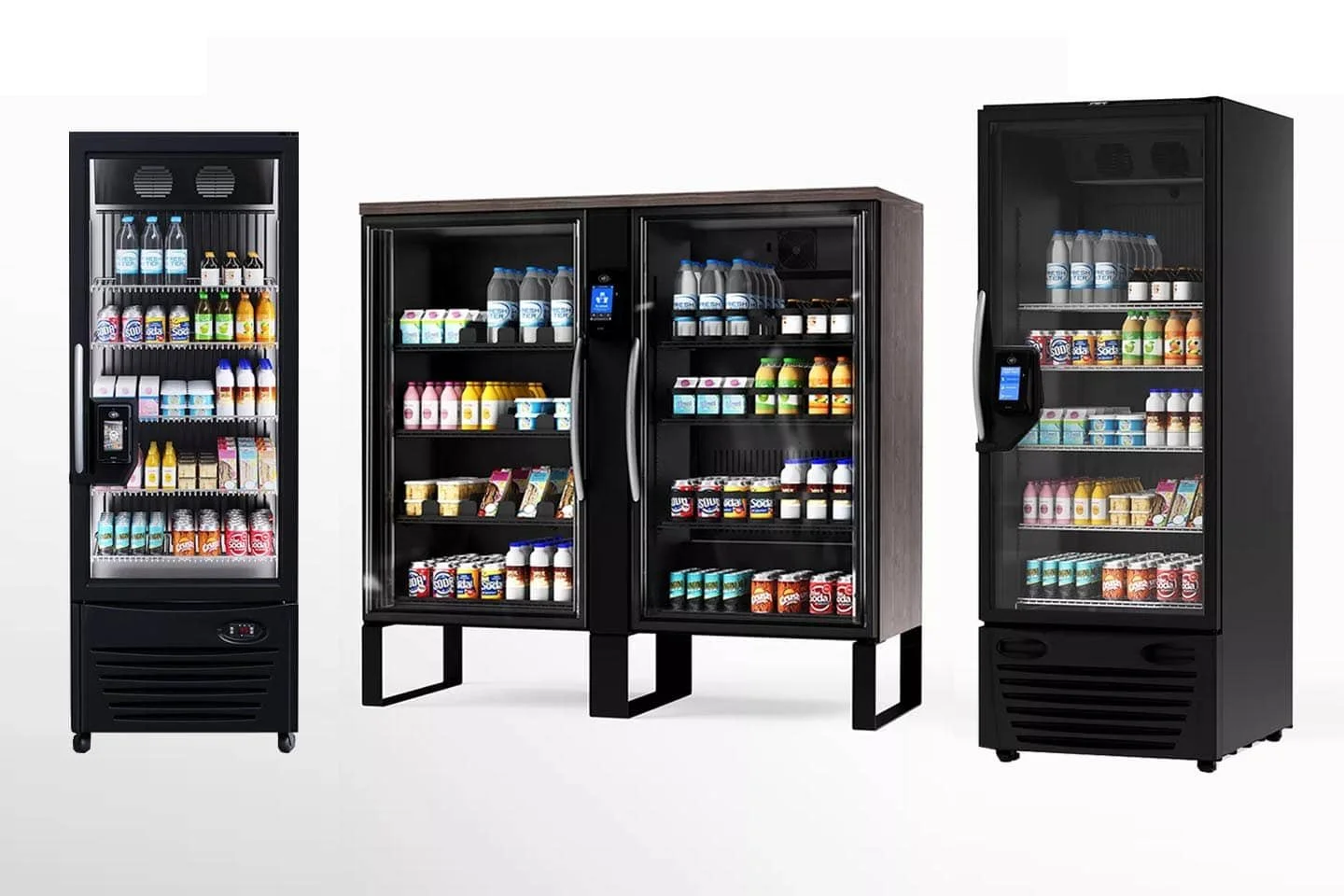 Three glass-door vending machines filled with bottled drinks, juices, and snacks, set against a white background.
