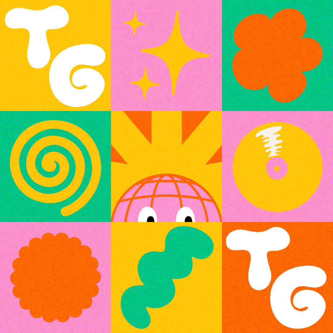 Poster art for Tiny Grooves featuring aolorful abstract pattern with various shapes, including stars, spirals, circles, a globe with eyes, and other geometric shapes in vibrant pink, yellow, green, orange, and white.