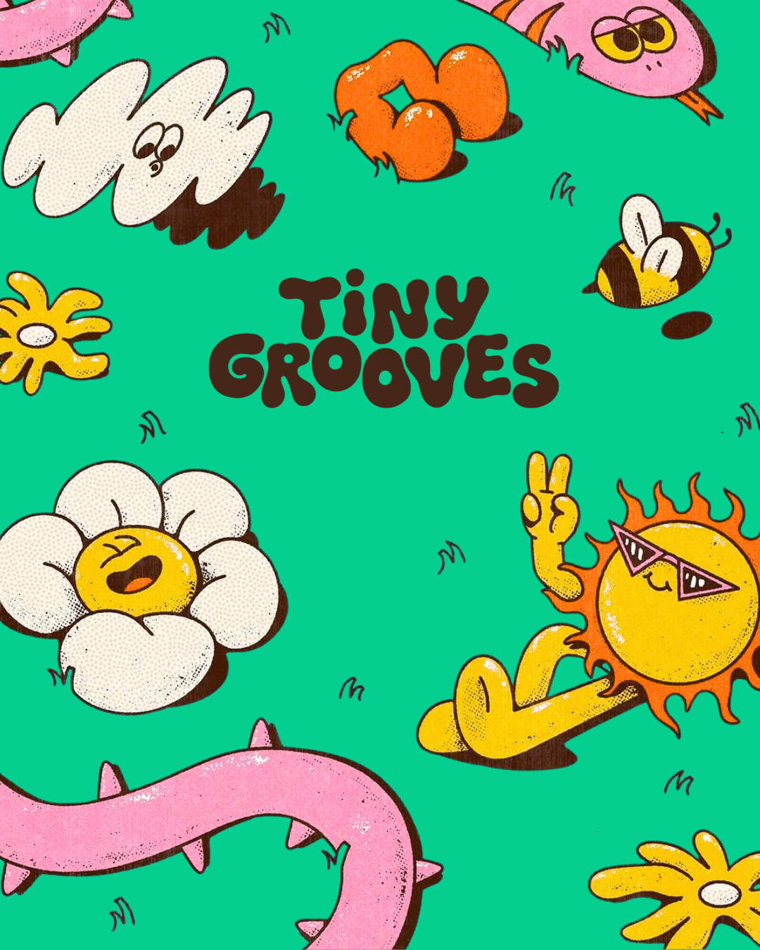 Poster art for Tiny Grooves featuring cartoon animals and characters, including a smiling sun with sunglasses, a flower with a face, a bee, an octopus, and other whimsical creatures.
