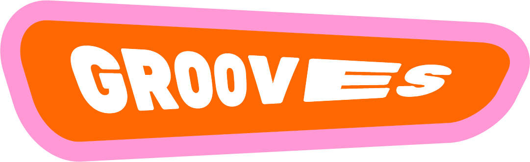 Colorful groovy logo with orange, pink, and white text that says "GROOVES" with a motion effect for the letter E.