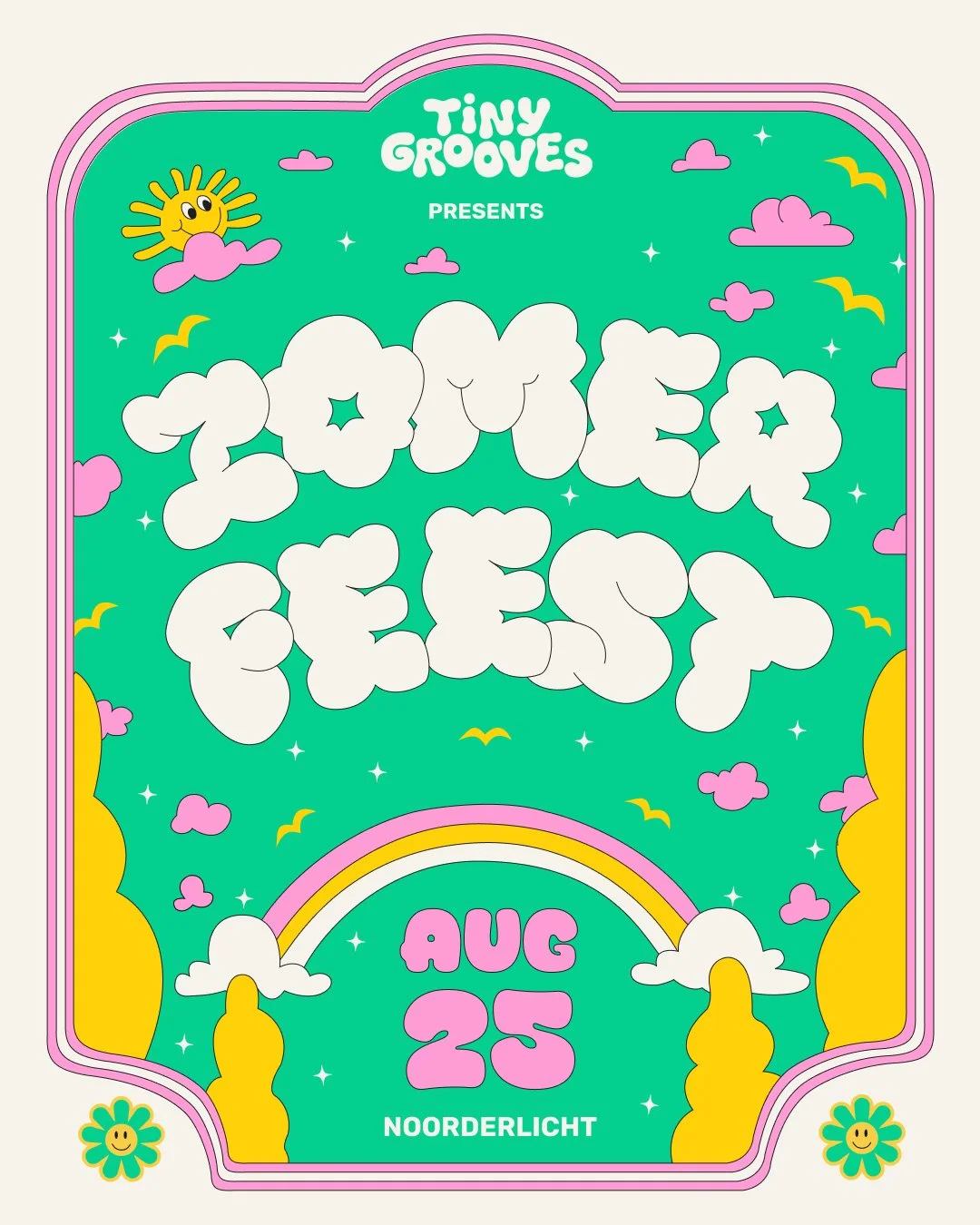 Poster art for Tiny Grooves featuring a cheerful sky scene with clouds, a smiling sun, rainbows, and birds.