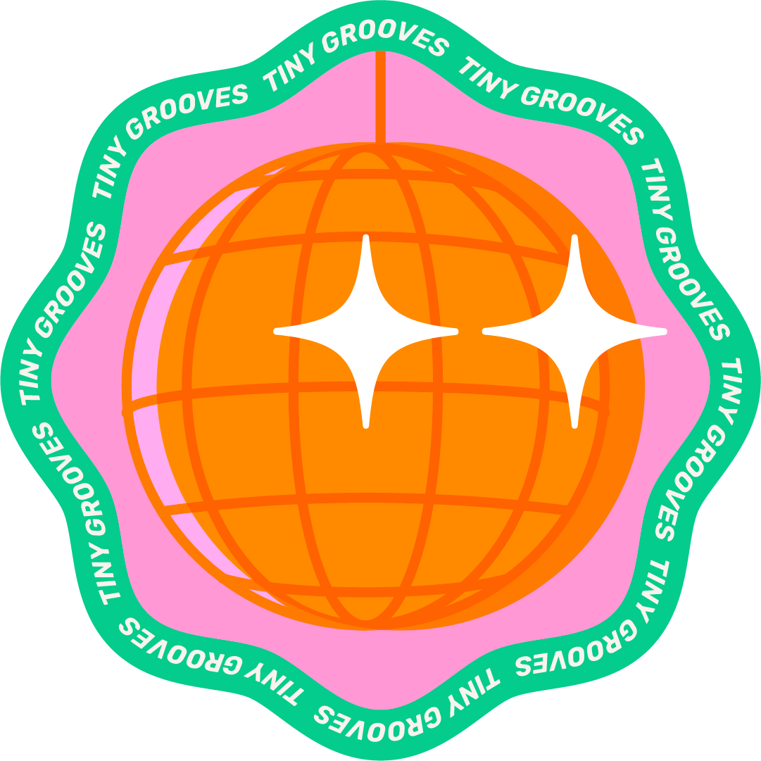 A logo featuring an orange globe with white sparkling stars, surrounded by a pink background and a green border with the text 'Tiny Grooves' repeated around it.