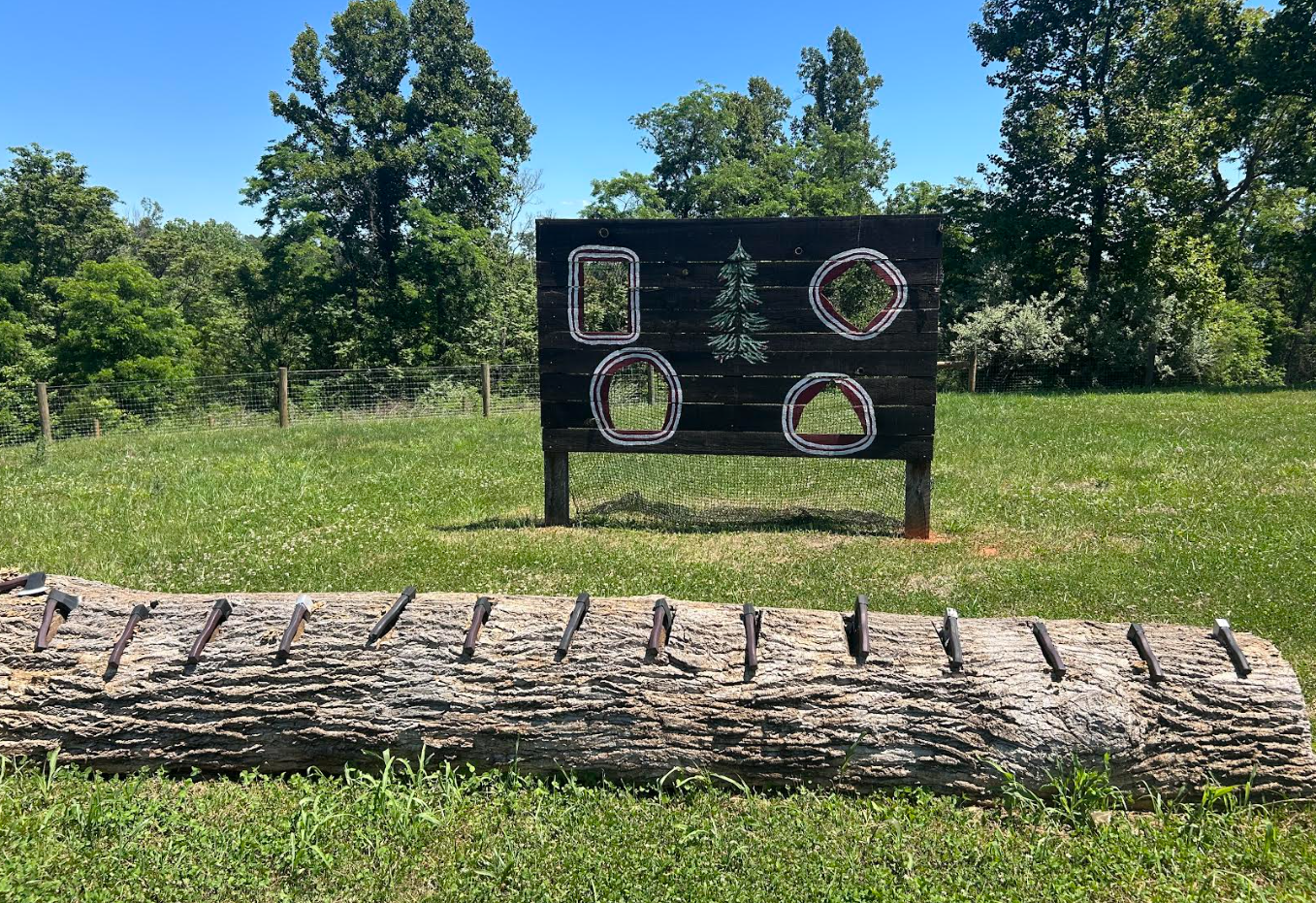 Outdoor scene with a wooden log and a black wooden panel with painted Christmas tree and ornaments in a grassy area with trees and a blue sky.