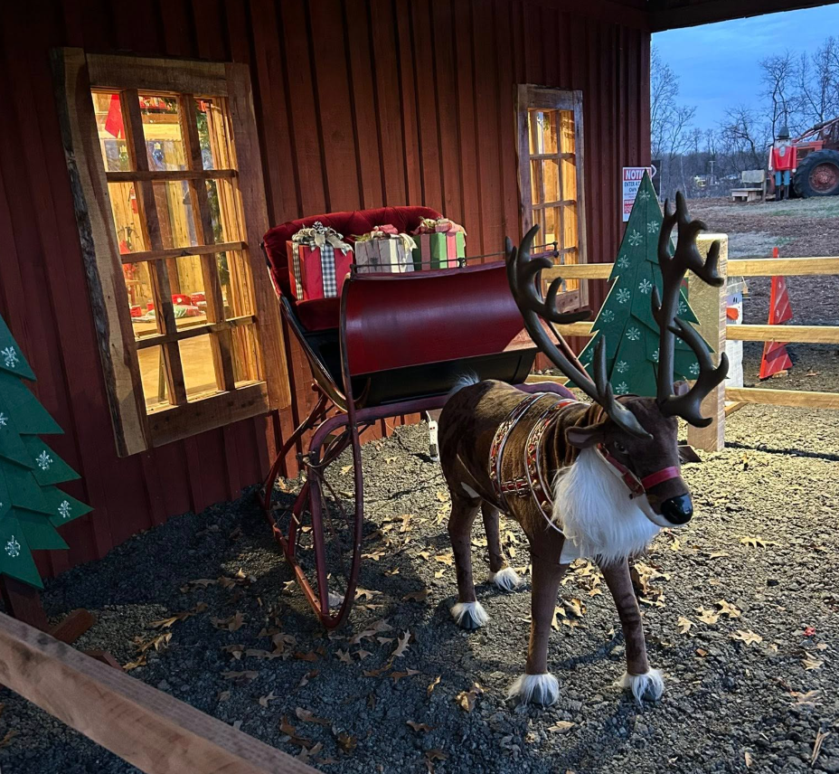 Decorative Christmas display with a reindeer figure in front of a red wagon, a red cushioned bench with gift boxes, and a rustic building with wooden window frames, set in a rural outdoor area.