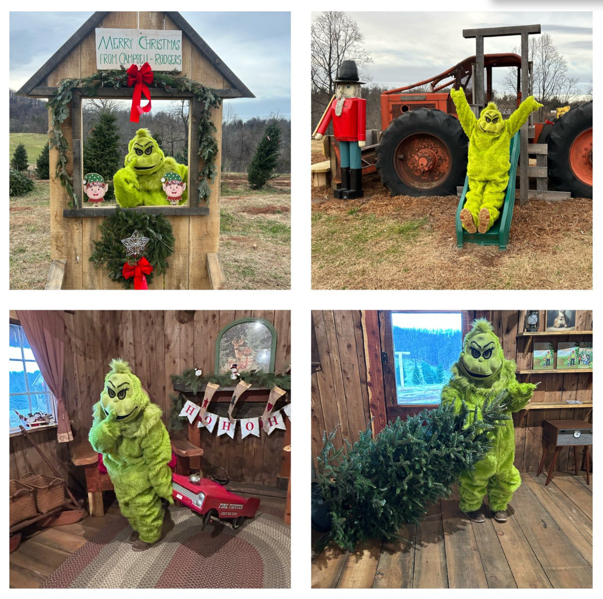 A person dressed as the Grinch in four different settings: outside near a Christmas-themed display, by a toy tractor on a farm, inside a rustic wooden cabin with holiday decorations, and holding a Christmas tree inside the cabin.