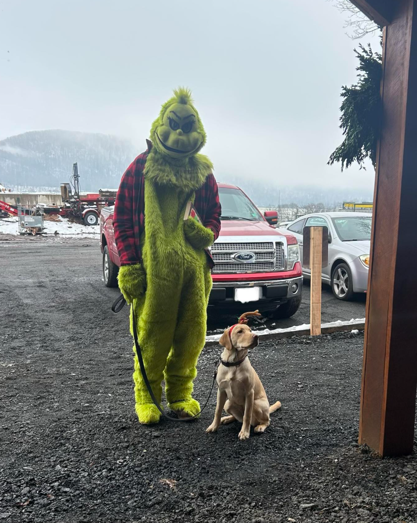 Person dressed in a bright green Grinch costume standing next to a yellow Labrador retriever sitting on leash outside parking lot with snowy mountains in the background.
