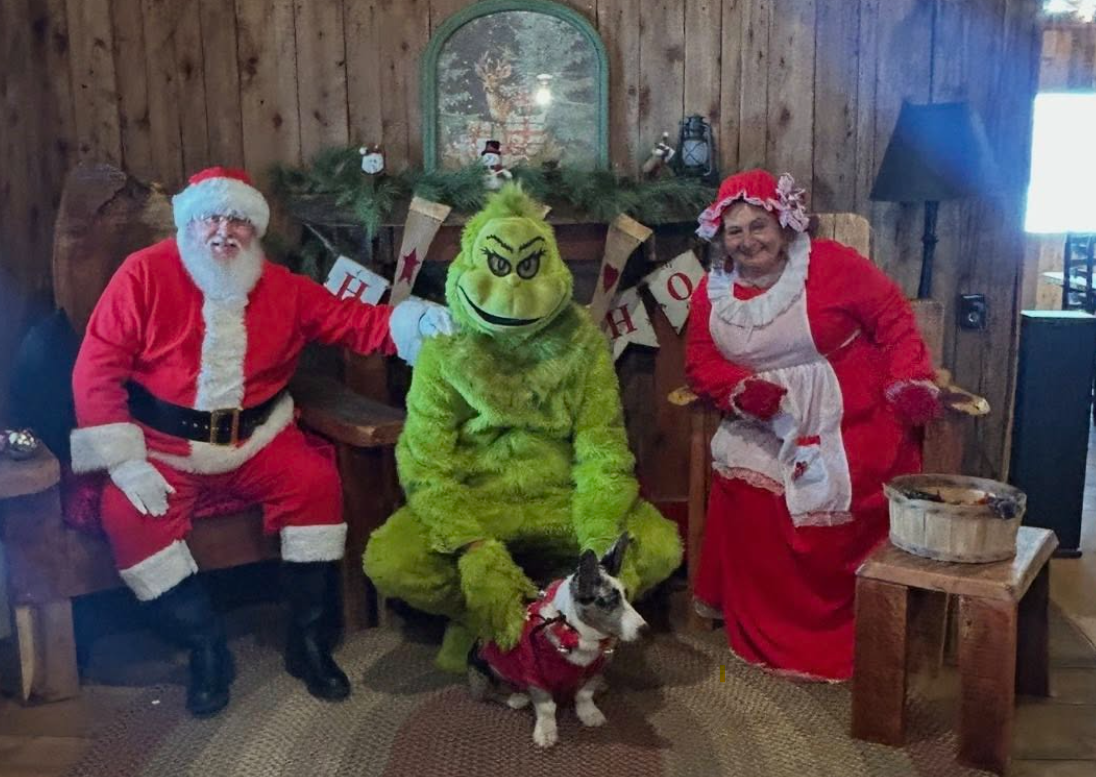 People dressed in Christmas costumes, including Santa Claus, a person in a Grinch costume, and Mrs. Claus, sitting with a dog in a festive setting with holiday decorations and a wooden interior.