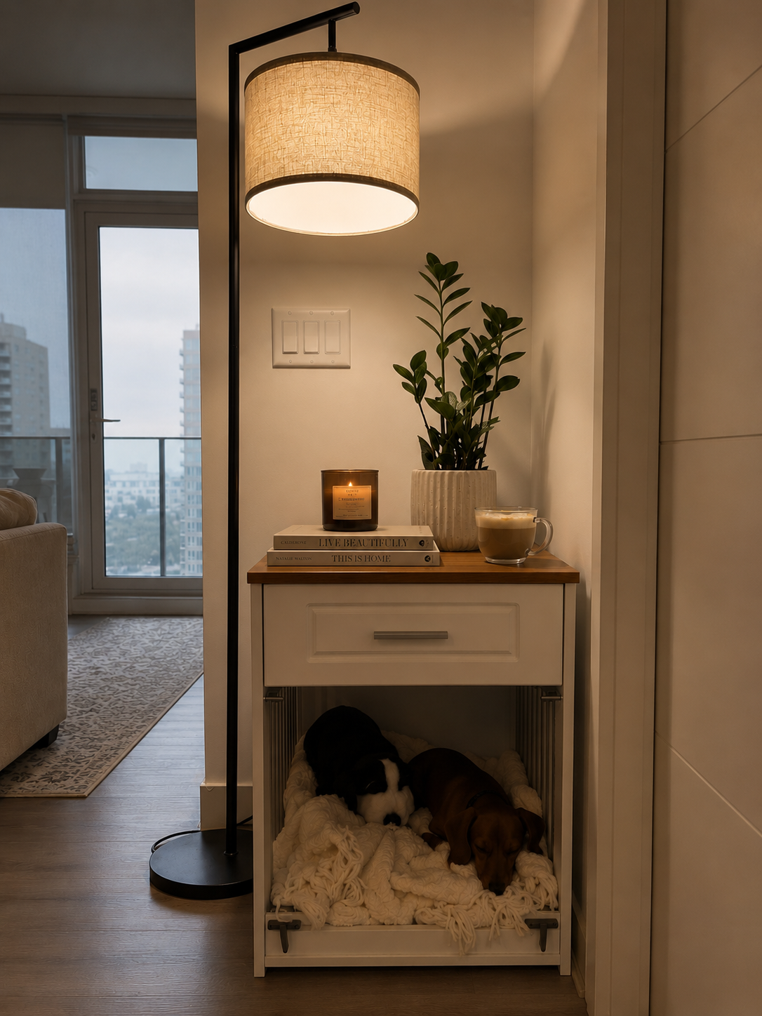 A cozy corner in an apartment with a tall floor lamp, a small table with decorative items, a potted plant, a cup of coffee, and two sleeping dogs on a fluffy blanket.