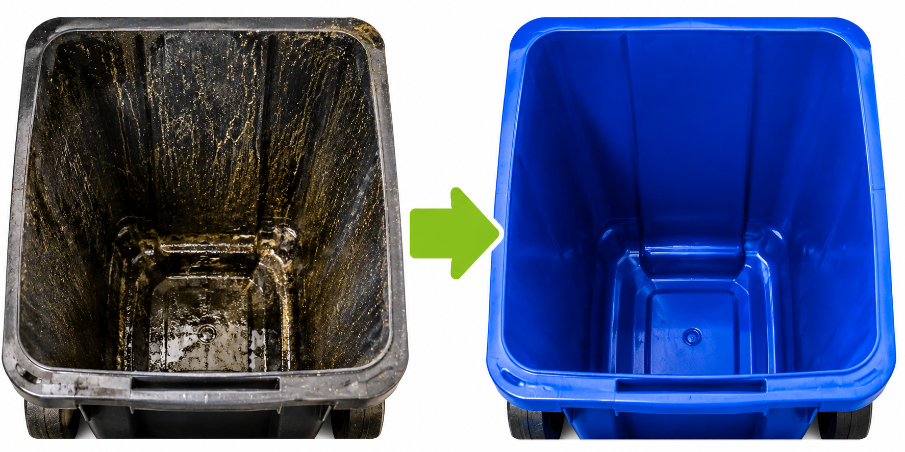 Side-by-side comparison of an old, dirty black trash bin and a clean, new blue trash bin, with a green arrow pointing from the old to the new.