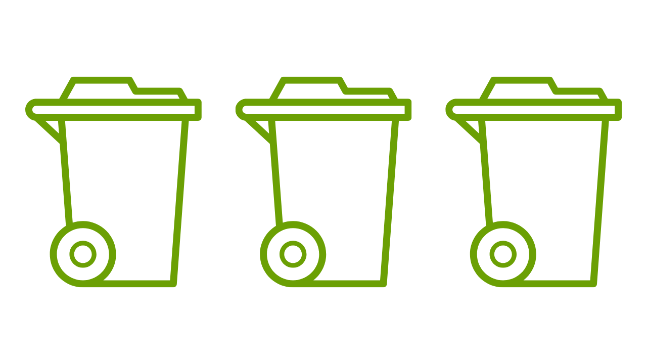 Three green line art recycling trash cans with wheels