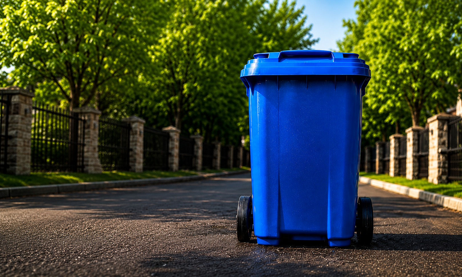 A blue trash bin with wheels on a paved road, flanked by a fence and green trees in a sunny outdoor setting.