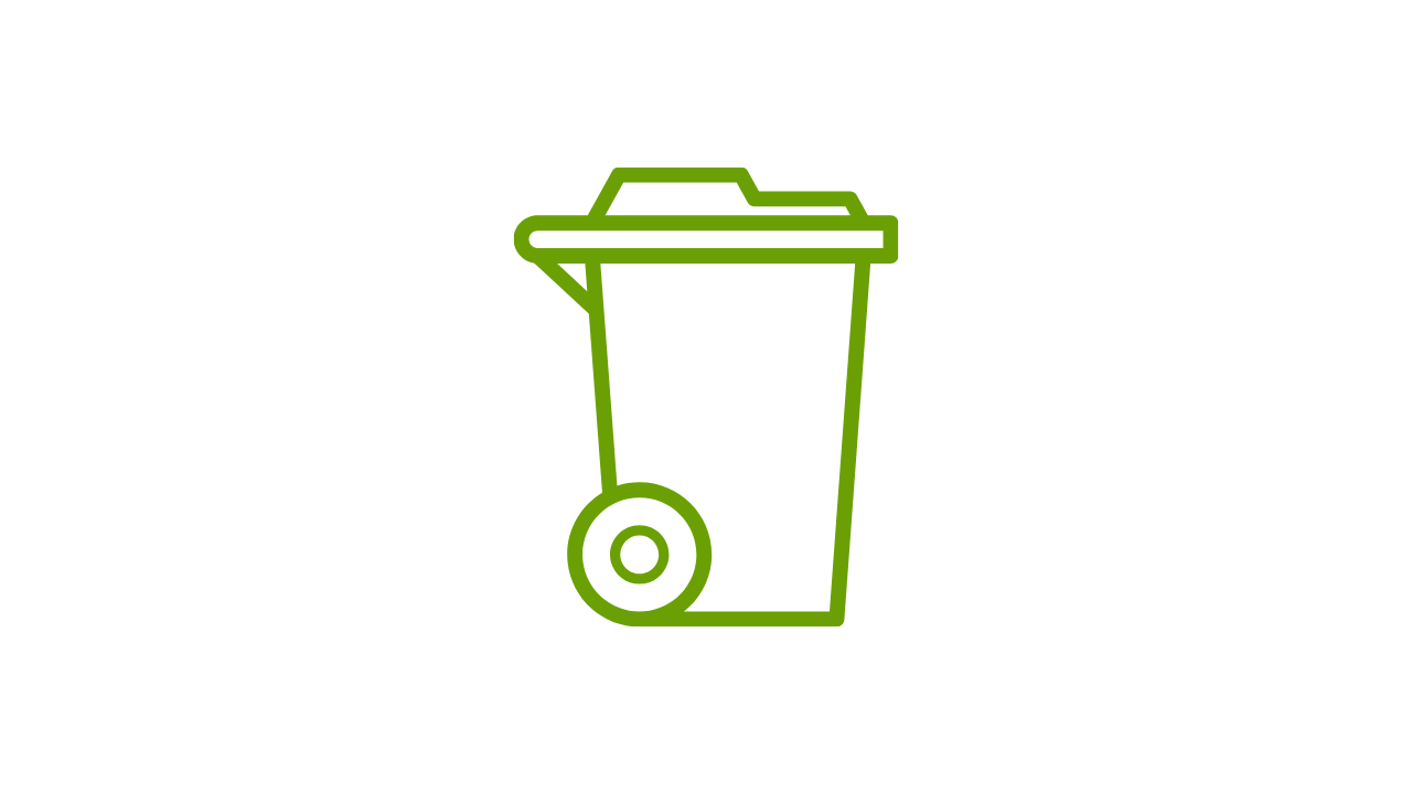 Outline of a recycling bin with a lid and two wheels, drawn in green lines.