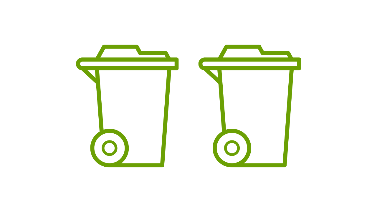 Two reusable green and black trash bins with wheels, side by side, on a plain white background.