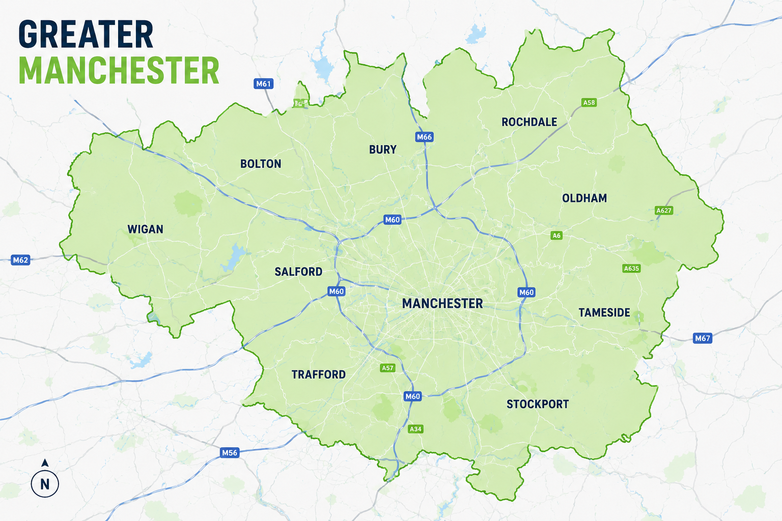 Map of Greater Manchester showing its districts including Manchester, Salford, Bolton, Wigan, Trafford, Stockport, Tameside, Oldham, Rochdale, Bury, and others, with major roads and highways highlighted.