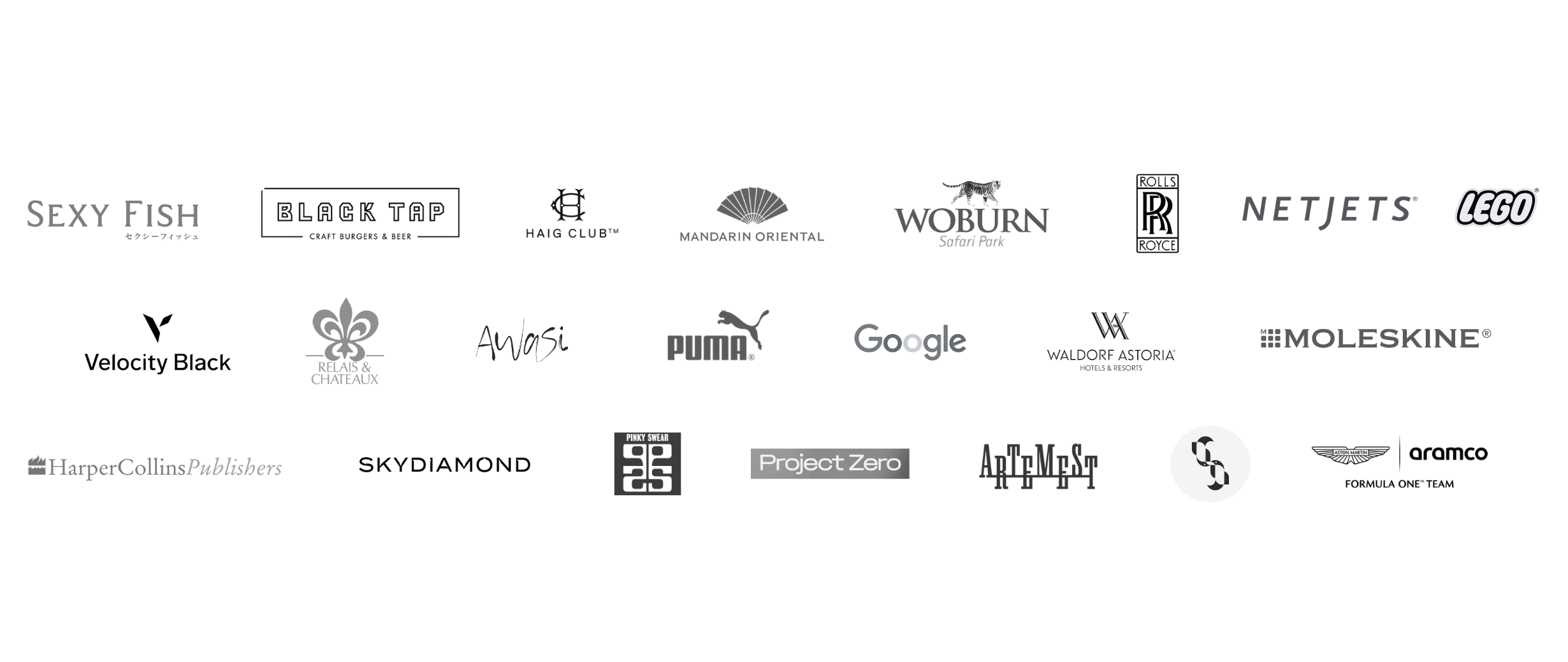 A collage of various company logos, including brands like SEXY FISH, LEGO, Google, Puma, Molleskin, and Project Zero, among others, arranged in a grid format.