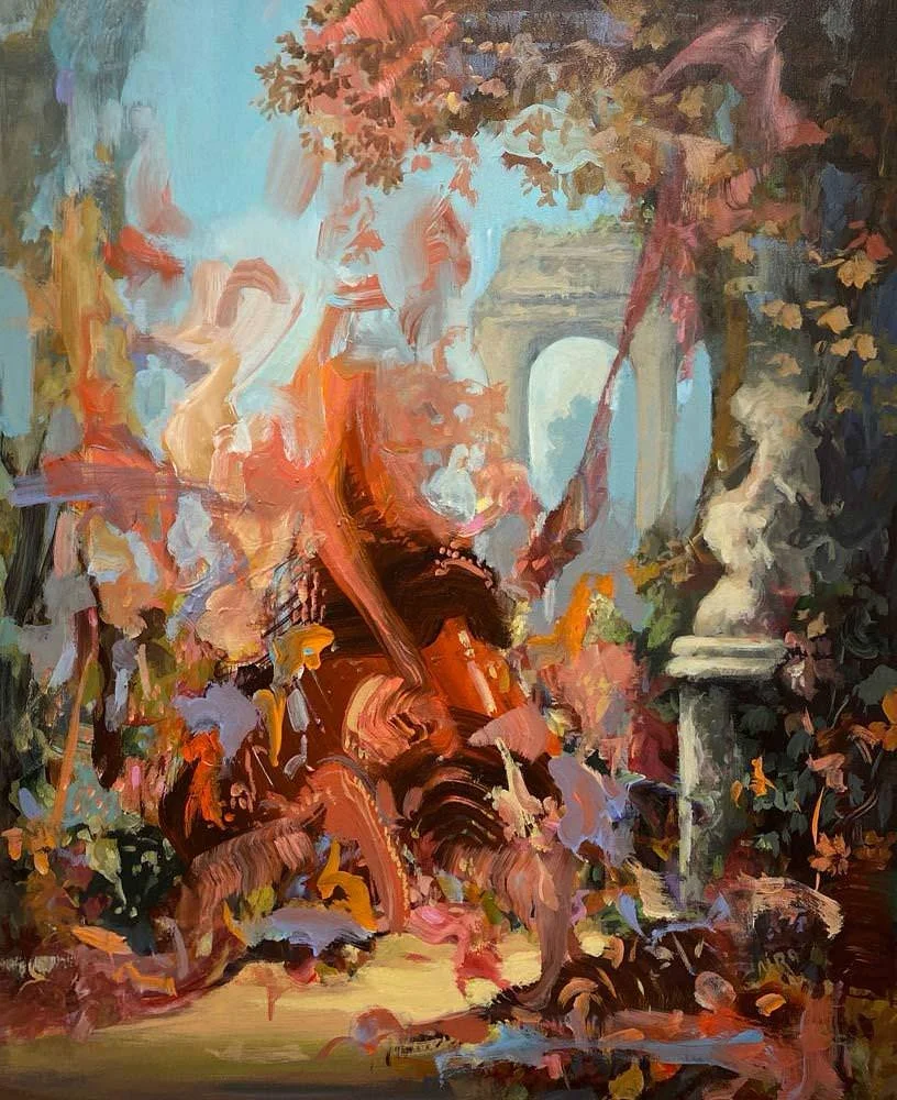 Abstract painting of a garden scene with trees, foliage, and stone structures, featuring warm and cool colors blending together.