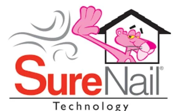 Logo of SureNail Technology featuring a pink cartoon mouse wearing glasses and leaning out of a house window, with stylized wind lines and the brand name 'SureNail' in red and gray.