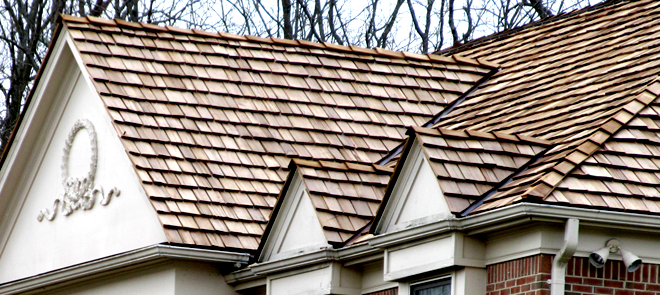 Close-up of a house's roof with brown shingles and white trim, with leafless trees in the background.