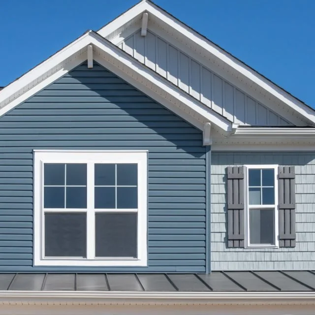 Close-up of a house's exterior showing blue and light gray siding, double-hung windows with white trim and gray shutters, and a sloped roof with white trim under a clear blue sky.