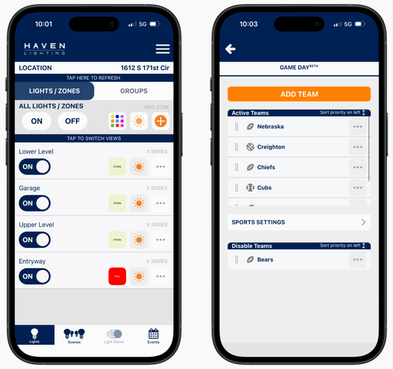 Screenshots of a smart home lighting app with options to control lights in different zones and create teams for game day activities.