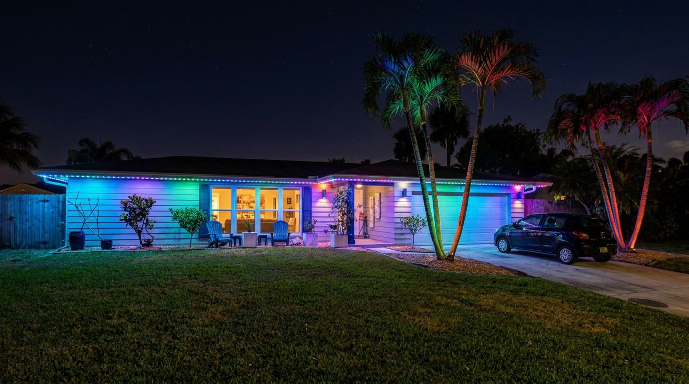 Single-story house illuminated with colorful outdoor lighting at night, with palm trees, a parked car, and lawn furniture in front.