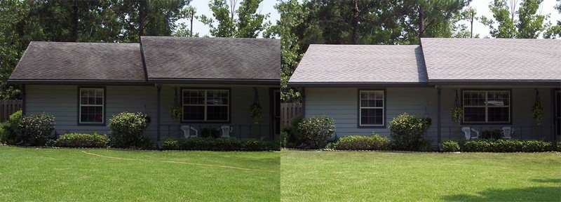 Comparison of two similar houses with different paint colors. The house on the left is painted a darker shade, while the house on the right is painted a lighter shade. Both have front yards with grass and shrubs.