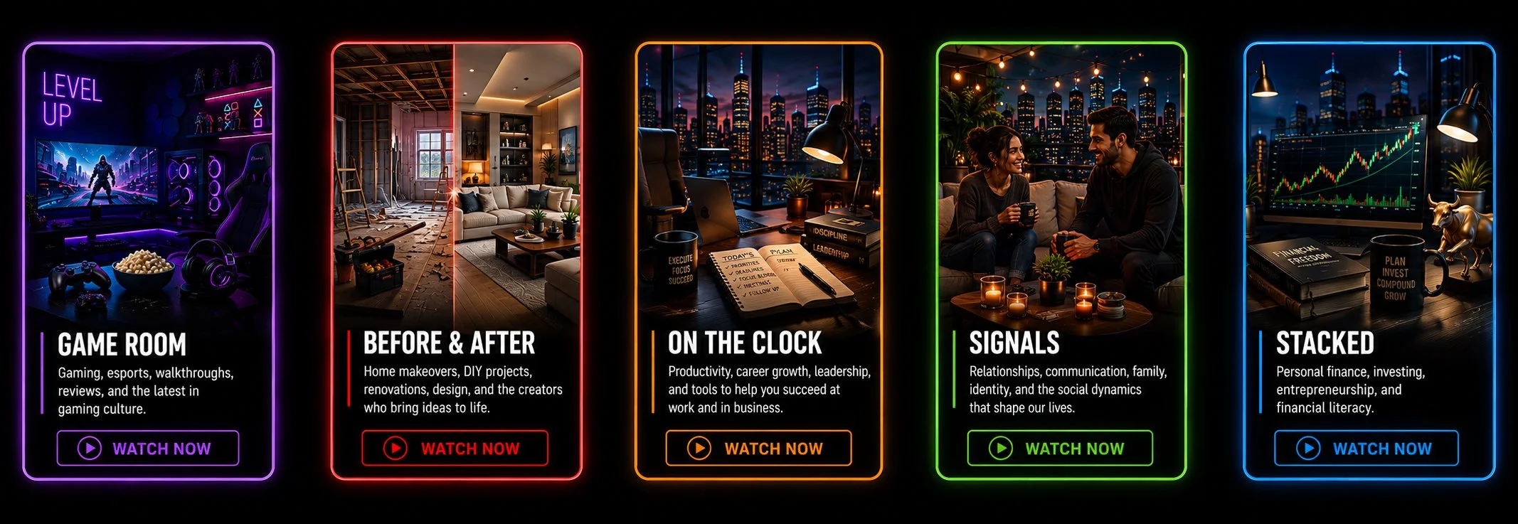 Row of five creator-powered streaming channel concepts featuring gaming, home renovation, career development, relationships, and personal finance content. Channel brands include Game Room, Before & After, On the Clock, Signals, and Stacked.