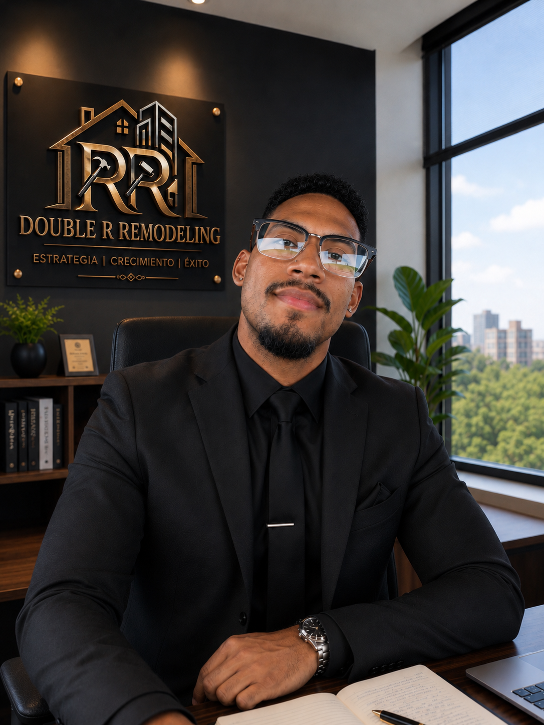 Un hombre con gafas, vestido con traje negro, sentado en una oficina moderna con vista a la ciudad, en un ambiente profesional con decoraciones verdes y un logo en la pared que dice 'Double R Remodeling'.
