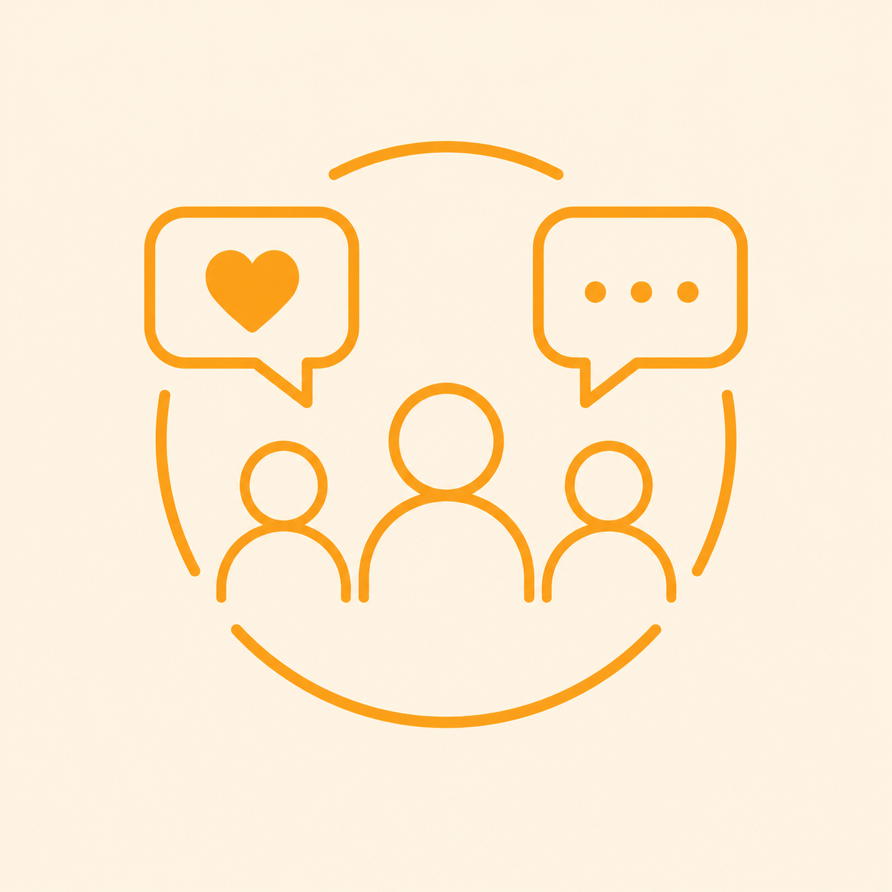 Three simplified human figures inside a circle, with speech bubbles: one containing a heart and another with three dots, representing communication or social interaction.