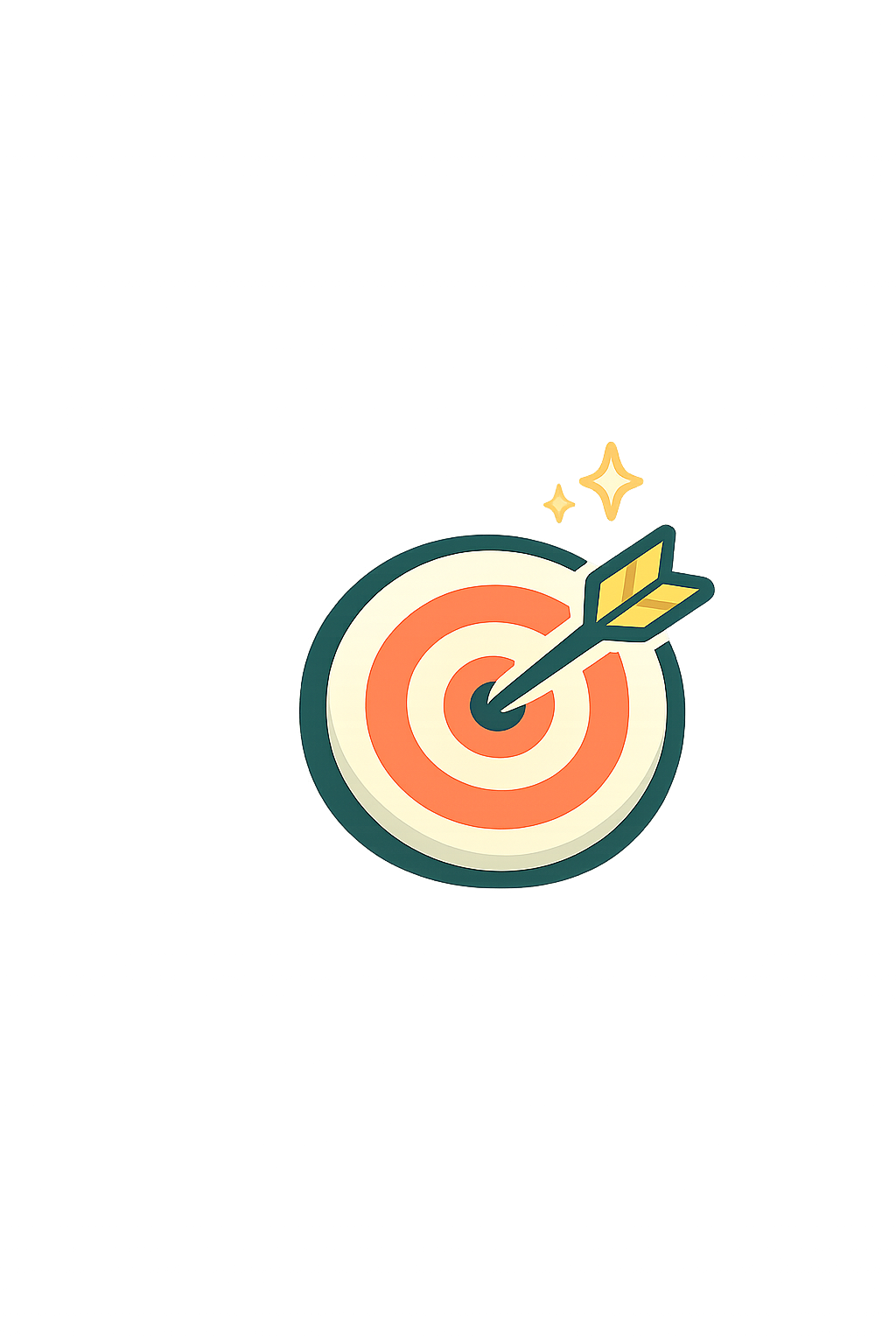 A target with an arrow hitting the bullseye, accompanied by sparkling stars